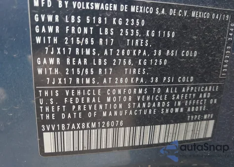 2019 Volkswagen Tiguan 2.0T S z USA, uszkodzony, nr VIN 3VV1B7AX8KM126076